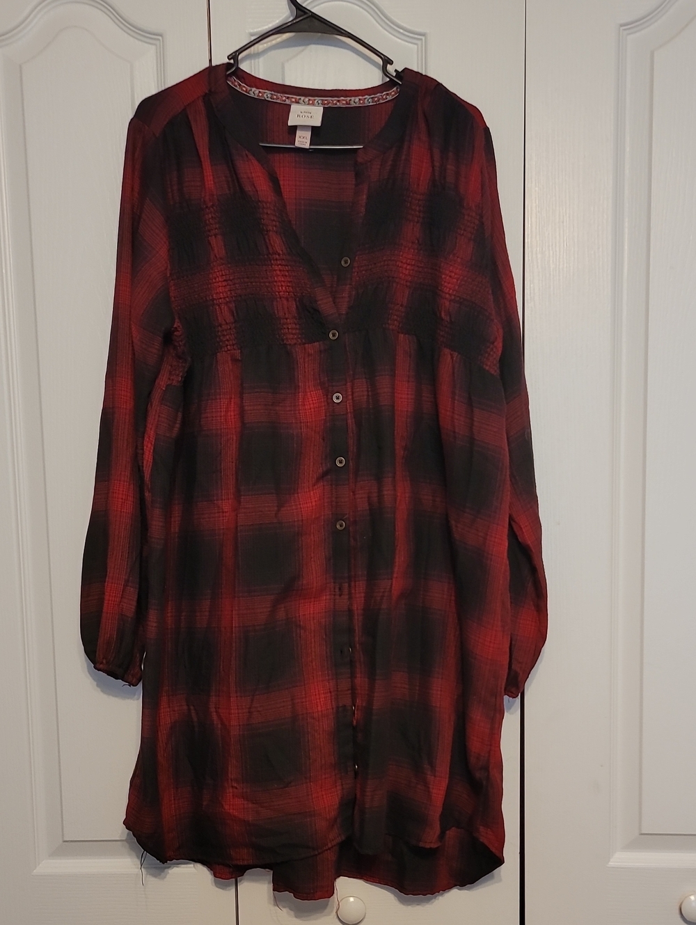 Knox Rose Red and Black Plaid Button-Front Long-Sleeve Dress